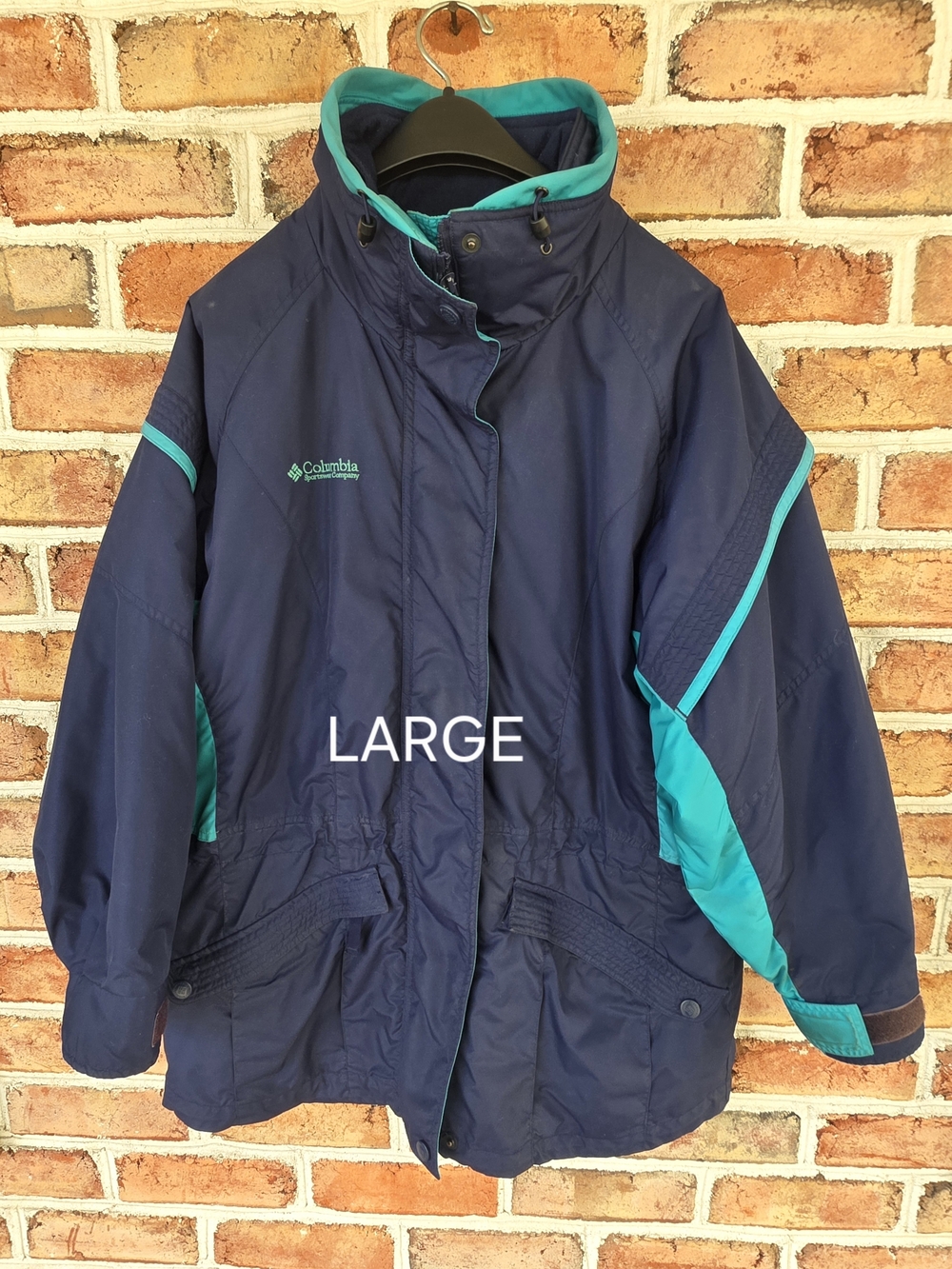 Columbia Navy and Teal Hooded Rain Jacket